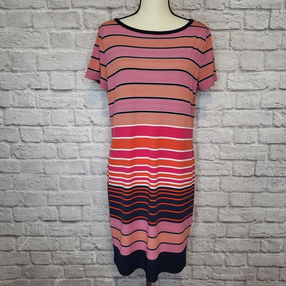 Michael Michael Kors Dress Pink Blue Orange Striped Shift Short Sleeve Size M - Picture 3 of 6